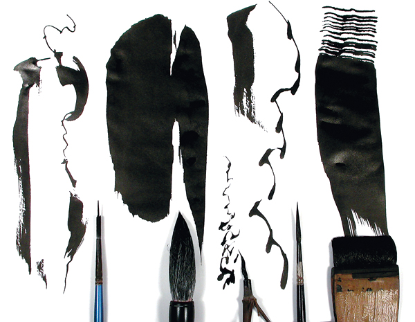 3 Brushes and brush marks possible with varied bush shapes, including a hake brush, shown on far right.