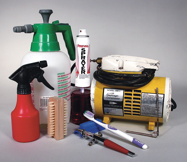 7 Spray bottle, scrub brush, garden sprayer, airbrush, toothbrush, atomizer, and air compressor for spraying and splattering glazes.