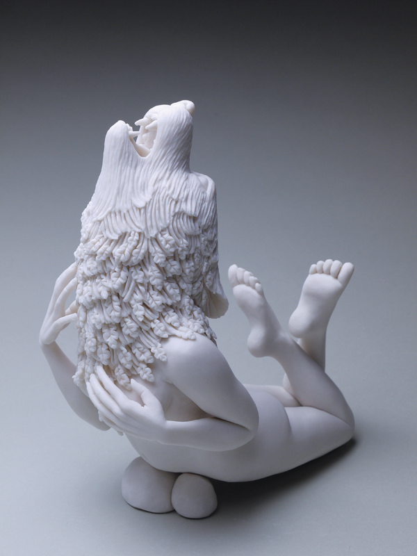 3 Crystal Morey’s A Vulnerable Paradigm of Wonder: Grey Wolf, 8½ in. (2 cm) in height, handbuilt porcelain, 2017.