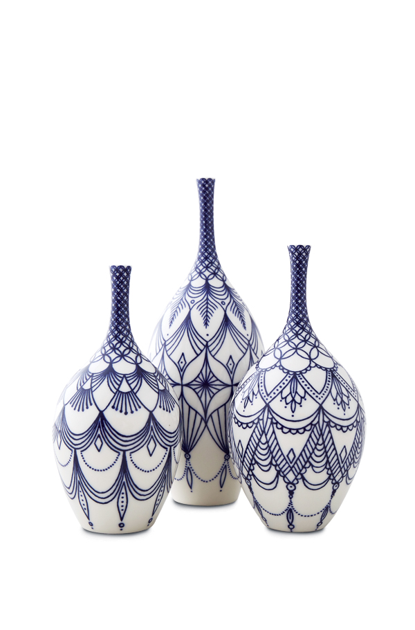 1 Rhian Malin’s Mandala Bottles, to 8½ in. (22 cm) in height, wheel-thrown porcelain, hand-painted cobalt-blue decoration, 2018.