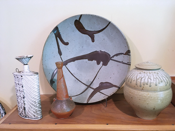 4 Top of the kitchen cabinet, left to right: Jeremy Randall’s bottle with funnel, Jan McKeachie Johnston’s vase, Warren MacKenzie’s platter, Tom Turner’s covered jar.