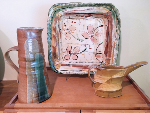 5 Top of the kitchen cabinet, left to right: Clary Illian’s pitcher, Victoria Christen’s platter, Jeff Oestreich’s pitcher. 