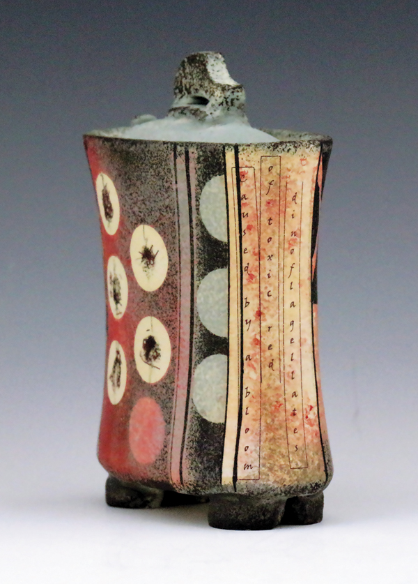 1 Kanika Sircar’s Red Tide 1, 6½ in. (17 cm) in height, handbuilt porcelain, slips, underglazes, glaze, decals, fired to cone 6 in oxidation, 2018.