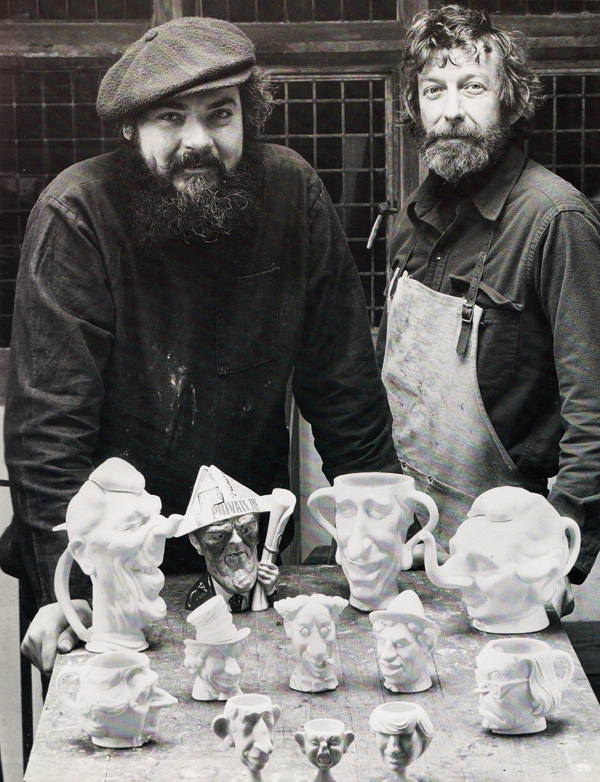 1 Roger Law and Peter Fluck with their caricature ceramics, 1980. Photo: Peter Moody Meyer.