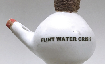 Flint Water Whistle (back detail), 7¾ in. (20 cm) in height, wheel-thrown and altered stoneware, glaze, lusters, and decals. Photo: Kerry Burgdorfer.