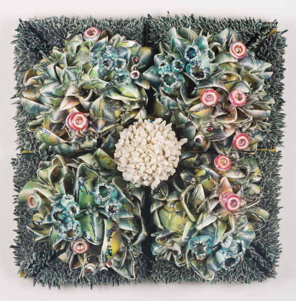 4 Allium Sensation (center section), 22 in. (56 cm) in height, porcelain, glazes, fired to cone 6 in a gas kiln, wood panel, 2018. Photo: Tim Bailey.