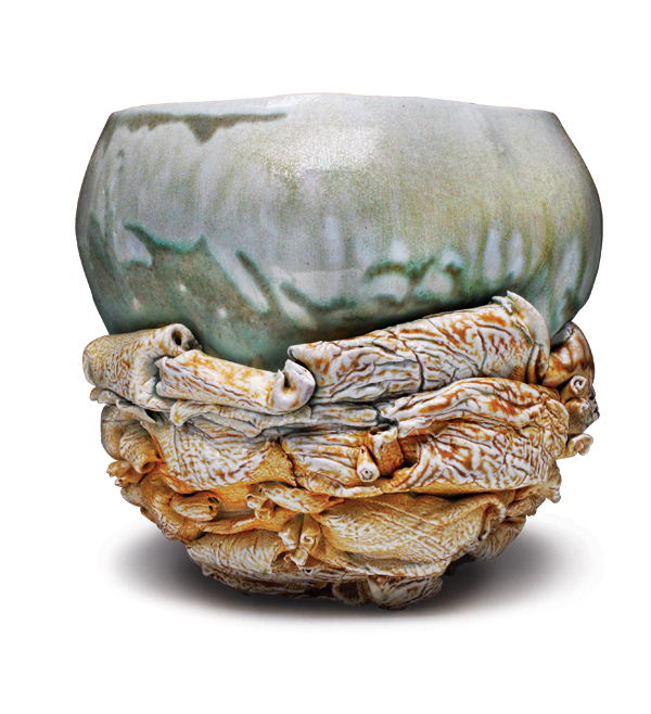 2 Crystal Nykoluk’s Folding Sea, 9 in. (23 cm) in diameter, slab-built porcelain, celadon glaze, flashing slip, salt and wood ash, 2010.