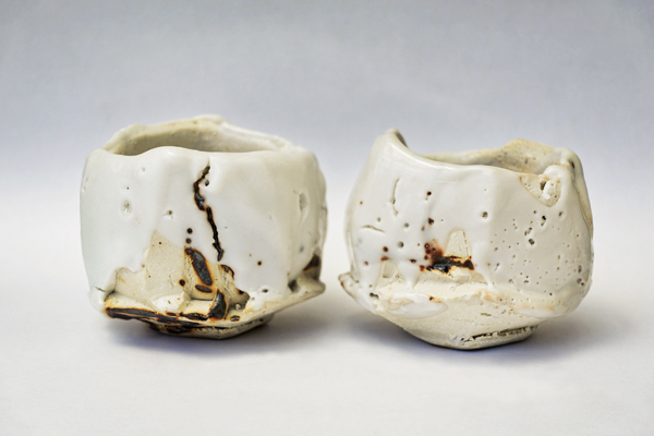 10 Faceted shino sake cups, 2½ in. (6 cm) in width, stoneware, gas fired for 48 hours to cone 8, 2015.