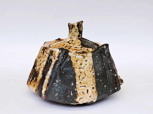 9 Faceted shino lidded jar, 6¼ in. (16 cm) in length, wood-fired black clay, fired to cone 10, 2017.