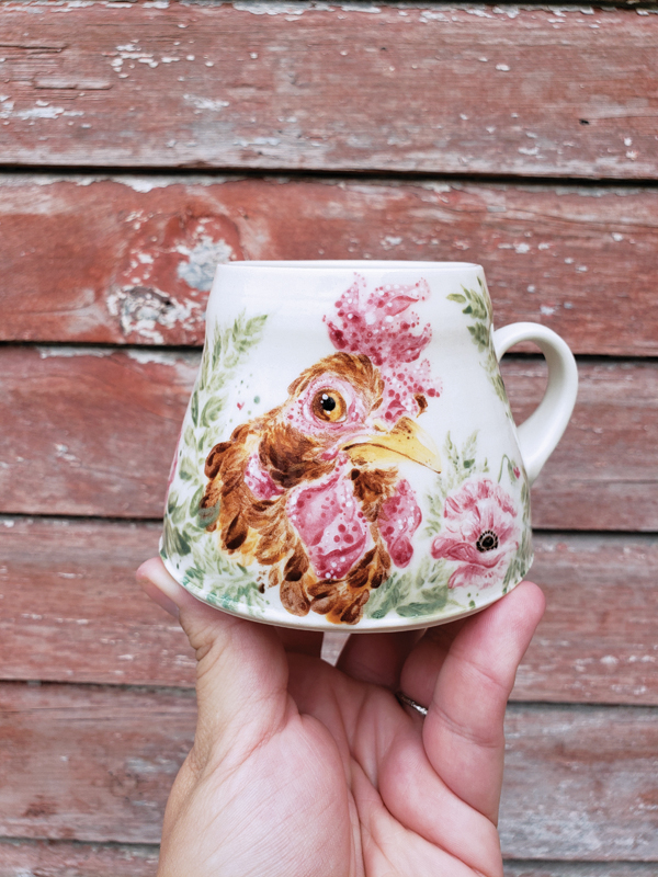 Poppy Chicken Mug, 4 in. (10 cm) in length, hand-painted porcelain, underglazes, fired to cone 6 in oxidation, 2018.