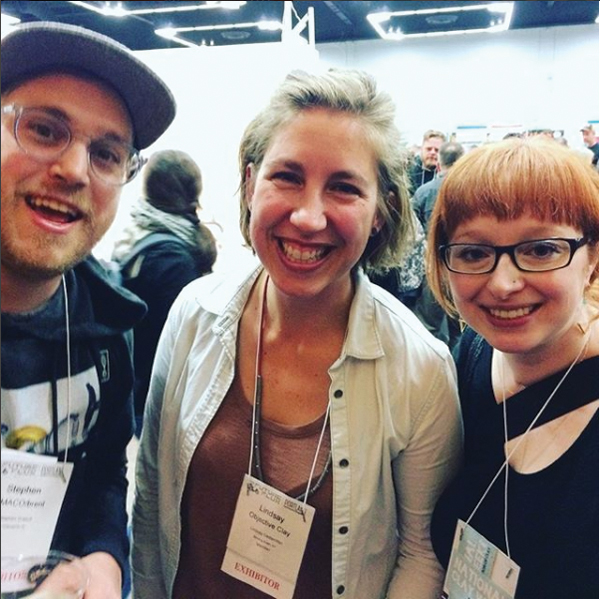 2 The National Clay Week team at NCECA 2017, from left to right: founders Stephen Creech and Lindsay Oesetrritter, with then social media director Amanda Barr. 