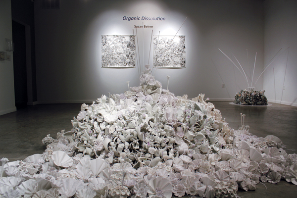 Organic Dissolution, 22 ft. (6.7 m) in width, porcelain, mixed media, glazes, gas fired to cone 6, 2013.