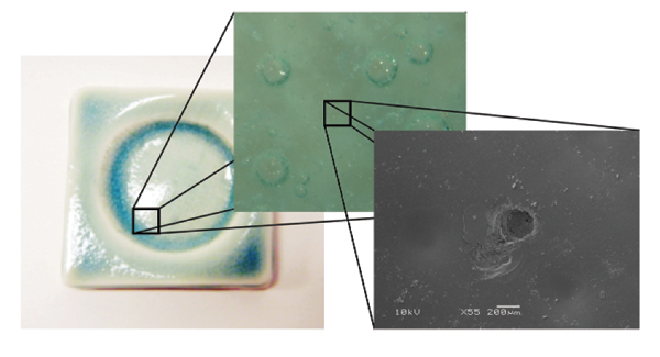 4 Dissection microscope (center) and SEM images (left) of a tile with a non-crazed glaze surface, showing surface pores and defects.