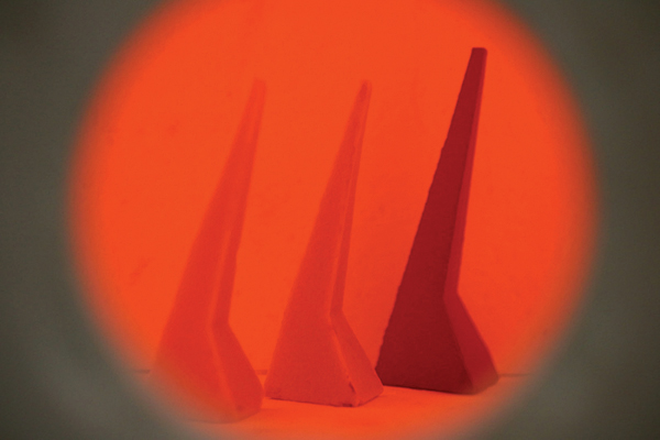 1 A typical three cone sequence as seen through a kiln peephole.