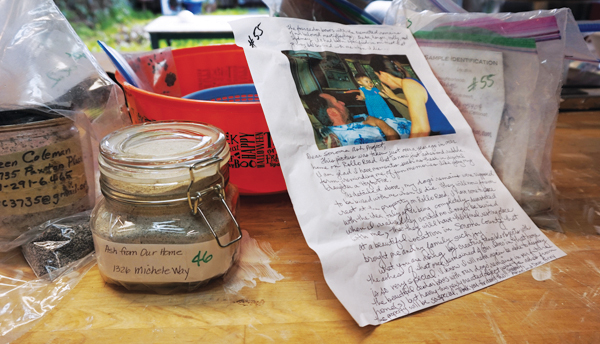 1 Cataloging and processing the ash that had been left on Gregory Roberts’ porch by people who lost their homes in the Tubbs Fire, 2017. 