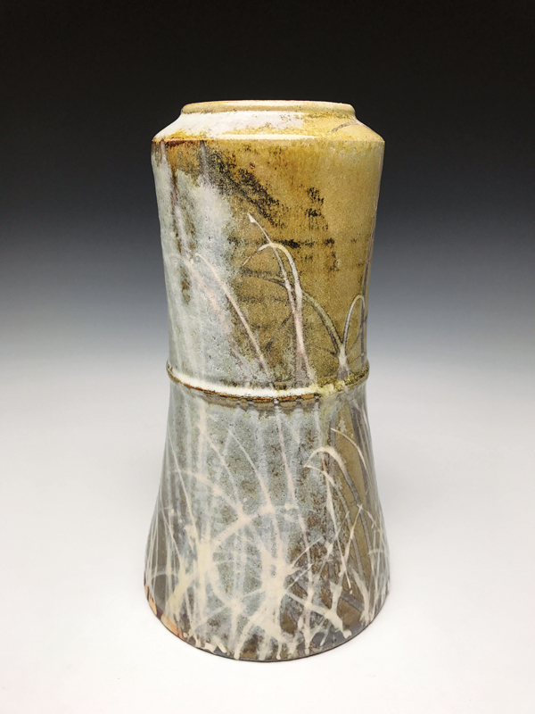 7 Canister vase, 12 in. (30 cm) in height, red stoneware with iron slip, white slip decoration and nuka glaze, soda fired to cone 11 in a gas kiln, 2018.