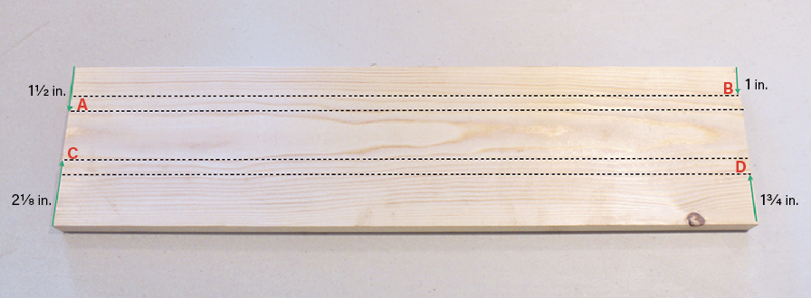 2 Shelf support board with reference pencil lines (dotted lines) and cut lines (solid lines).