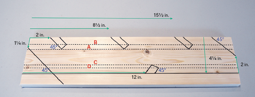 3 Shelf support board shown with notches and angled cuts marked. 