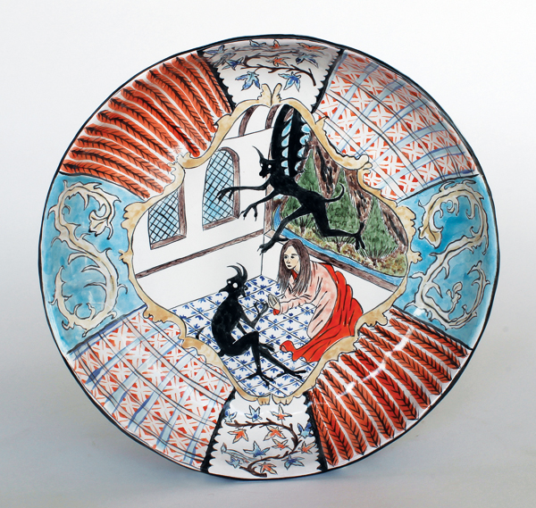 1 Daemon Series 1, 12 in. (30 cm) in diameter, press-molded and handbuilt earthenware, painted tin glaze.