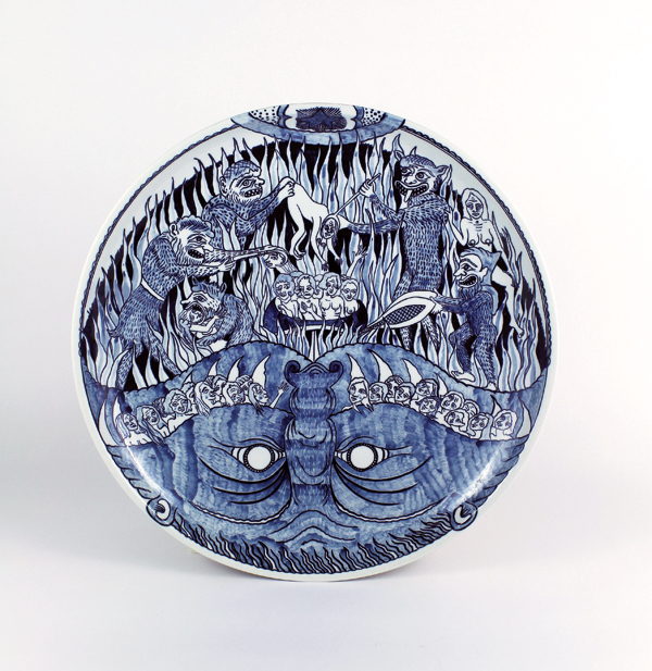 2 Monster Faience 1 Charger, 18 in. (46 cm) in diameter, pressed and jiggered porcelain, painted with cobalt paste, clear glaze.