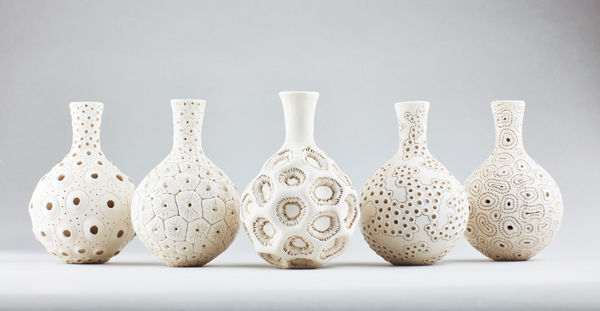 1 Anna Whitehouse’s #100bottles100days project-Days 3/46/61/2/60, 4¾ in. (12 cm) in height, ivory stoneware, fired to 2102°F (1150°C), 2018. Photo: David Lindsay.