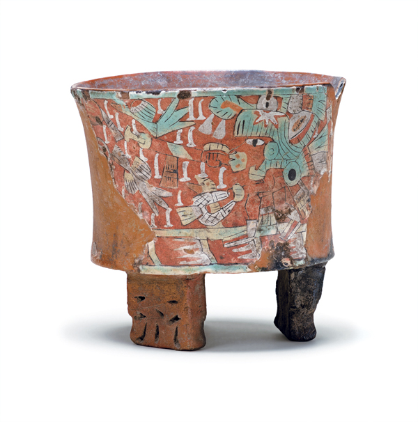 5 Tripod vessel with blow-gunner painted on stucco, 450–550 CE. Photo copyright and courtesy of the Museum Associates/LACMA.