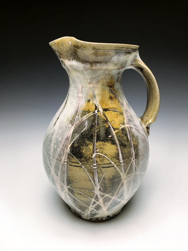 3 Bellied pitcher, 12 in. (30 cm) in height, red stoneware, iron slip, white slip trailing, nuka glaze, soda fired to cone 11 in a gas kiln, 2018.