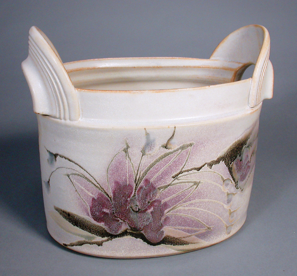 5 Robin Hopper’s oval vase from the Clematis series, porcelain, multiple glaze application with brushwork, reduction fired to cone 10. Photo: Janet Dwyer.