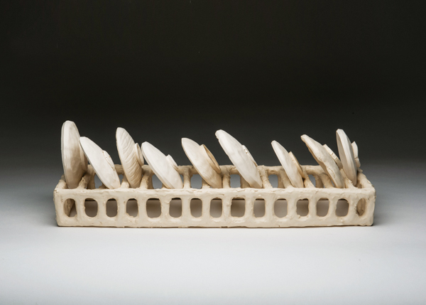 1 Chiho Tokita’s Dishes (I), 19 in. (48 cm) in length, handbuilt porcelain, 2018.