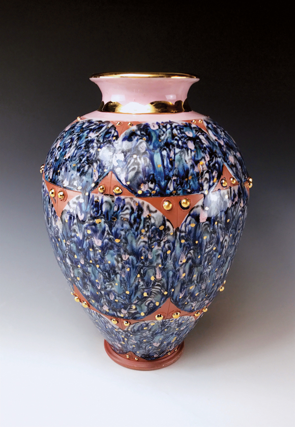 1 Mike Cinelli and Margaret Haden’s urn, 10 in. (25 cm) in height, wheel-thrown earthenware, underglaze, luster, 2018. Photo: Margaret Haden.