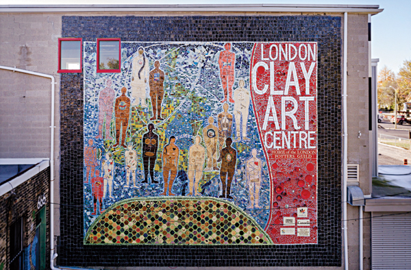 1 Full view of London Clay Art Centre's Canada 150 Mosaic, 34½ ft. (10.5 m) in width, white cone-6 stoneware, custom glazes, 2017. Created by Susan Day and Beth Turnbull Morrish. Photo: Preston Gervais.