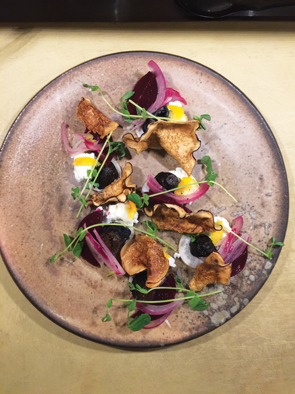 3 Jody Johnstone's plate, topped with beet and sunchoke salad with chevre. 