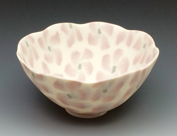  6 Pink pansies, 11 in. (28 cm) in diameter, handbuilt nerikomi porcelain, fired to cone 6, 2018. 