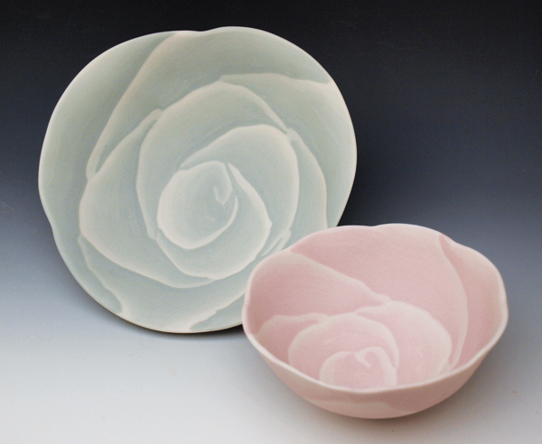 1 Rose bowl pair, 16 in. (41 cm) in diameter, handbuilt nerikomi porcelain, fired to cone 6, 2017. Photo: General Fine Craft.