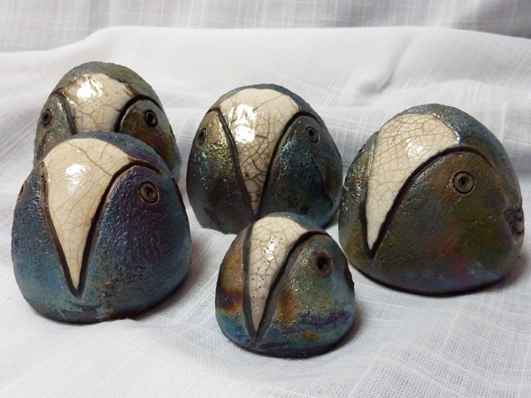 2 Sandra Maher’s raku birds, to 4 in. (10 cm) in height, raku-fired stoneware. Sandra Maher is a stage-2 seller. These birds are sold in markets beyond Indianapolis.