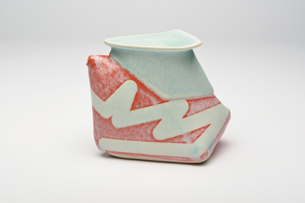 3 Marc Digeros’ ewer, 5½ in. (14 cm) in height, handbuilt porcelain, underglaze, glaze, fired to cone 6 oxidation, 2017.