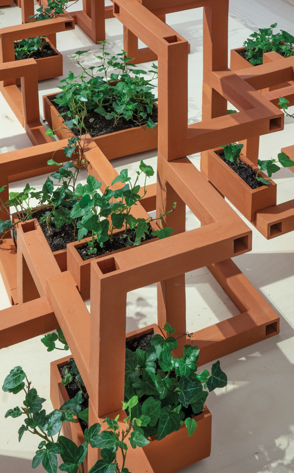 3 Mette Marie Ørsted’s Nature Climbing, 9¾ in. (25 cm) in height per module, unglazed red clay, plant boxes, ivy, 2018. 