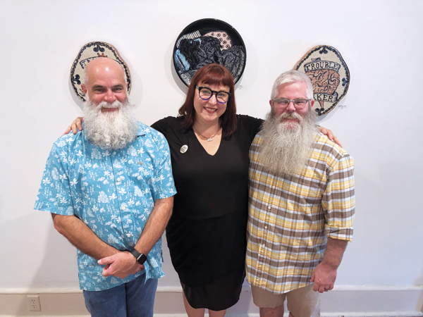 1 Left to right: Glenn Josey, Kathy King, and Mark Errol at the opening reception for “Bling” at Plough Gallery, 2018. Photo: Glenn Josey.