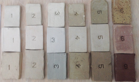 4 Clay body comparison: amount of shrinkage and color change from wet (bottom row), to bone dry (middle row), to fired to cone 6 (top row). All clay bodies shown were formulated by the author. Referencing the numbers stamped on the clay: 1. Porcelain with ball clay plasticizer. 2. Grolleg porcelain with Bentone MA plasticizer. 3. Porcelain talc body for thermal expansion control. 4. White stoneware. 5. Dark stoneware. 6. Red/Buff stoneware with speckles.