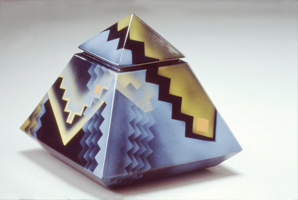 4 Pyramid jar, 8 in. (20 cm) in height, slip-cast porcelain, airbrushed underglaze slips with clear overglaze, fired to cone 6 in oxidation, 1995. 