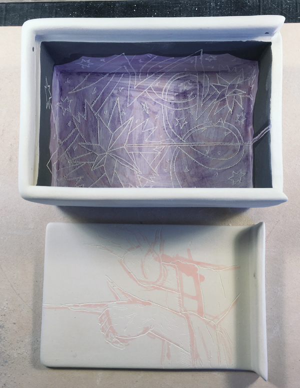 9 Cover the inside of the box with wax resist, draw through the wax resist with a needle tool, and fill the lines with underglaze.