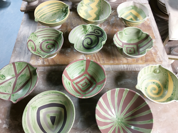 2 A series of greenware bowls with painted wax design and an application of terra sigillata, 2017.