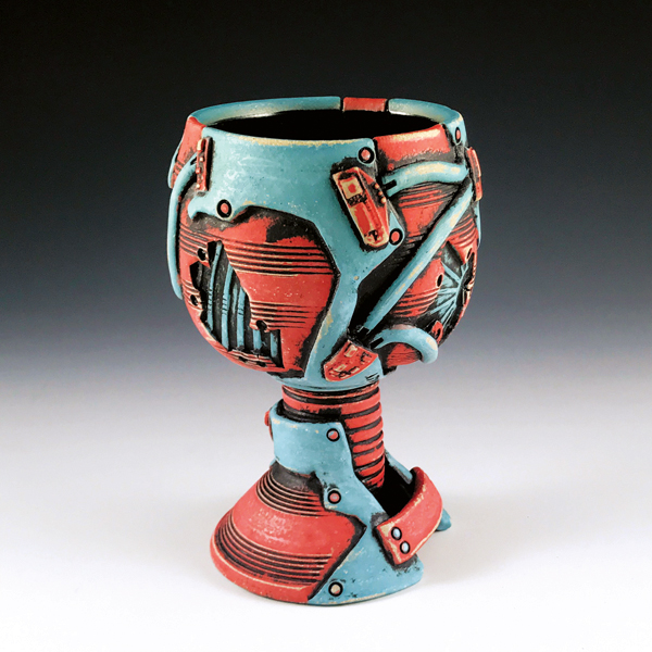 7 Andrew Clark’s wine goblet, 6 in. (15 cm) in height, stoneware, terra sigillata, underglaze, glaze, fired to cone 6 in an electric kiln.