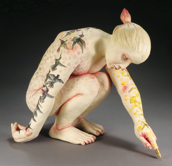 1 Magda Gluszek’s From Dark to Light, 16 in. (41 cm) in length, stoneware, underglaze, glaze, paint, 2018.