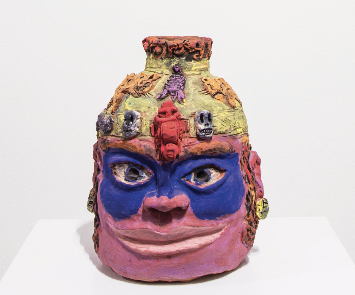 2 Kirk Mangus’ Chaac Face Jug, 16½ in. (42 cm) in height, coil-built stoneware, underglazes, 2008.