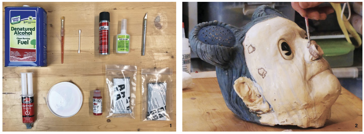1 Repair products and tools. 2 Before mixing my epoxy to reattach the nose of this piece, I clean the connection points with denatured alcohol and a small paintbrush to remove any dust and/or oil from the surface.