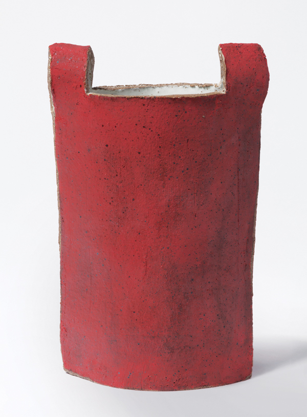 5 Red Cut-Out Bucket, 9 in. (23 cm) in height, fired to cone 6 in oxidation, 2018. Photo: Malcolm Varon. 