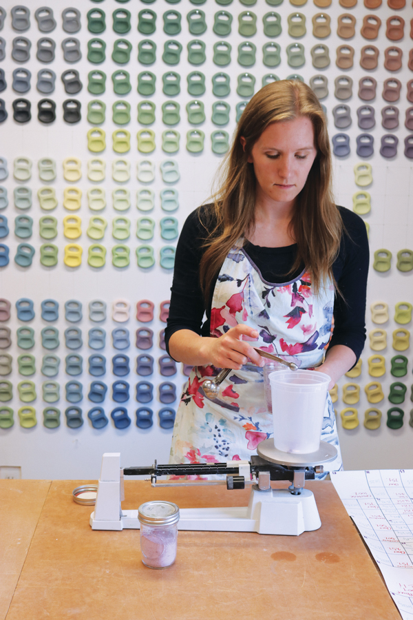 5 Adding stain into a 125-gram cup of wet slip to create one tile in a color progression blend.