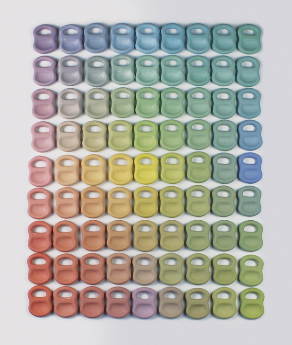 7 Connected quadraxial blend of colored clay test tiles, 36 in. (91 cm) in height, stained porcelain casting slip, 2018.
