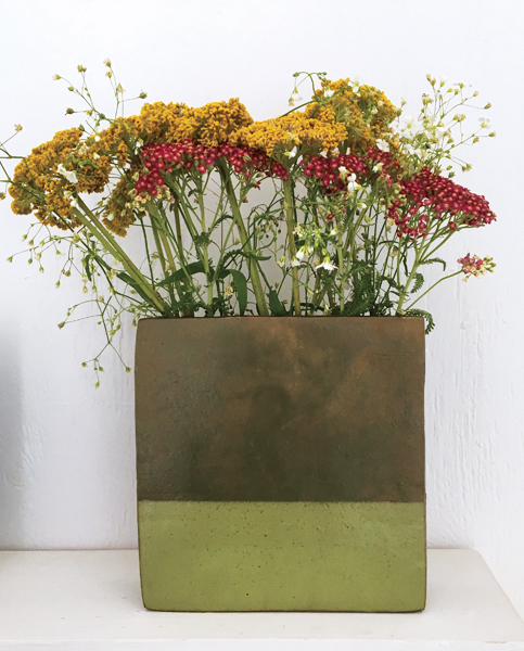 6 Green Landscape Square Vase, 9 in. (23 cm) in height, stoneware, 2018. Photo: Frieda Dean. 